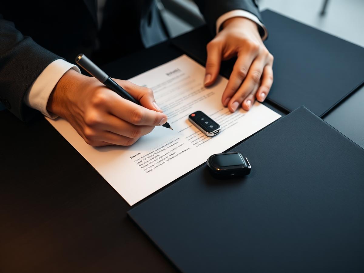 Assinatura de documentos sobre a mesa ao lado de chave de veículo e pasta corporativa